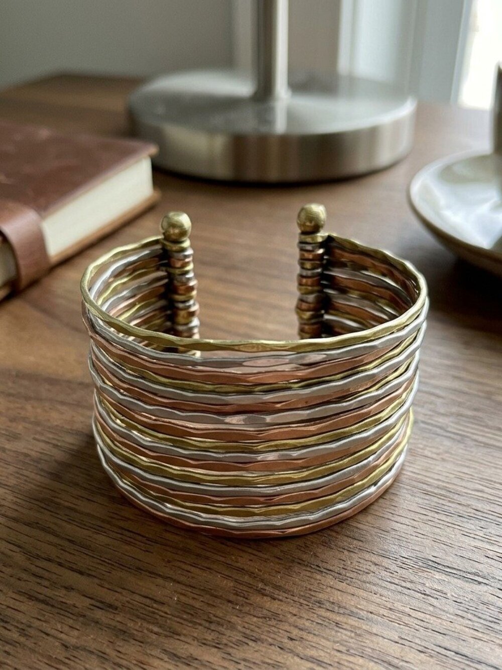 Mixed Metal Cuff Bracelet Hammered Wire Stack Boho Bangle Wide Statement Women